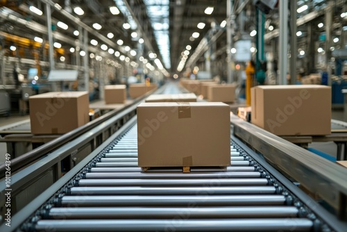 Cardboard Box Moving on a Conveyor Belt in a Factory