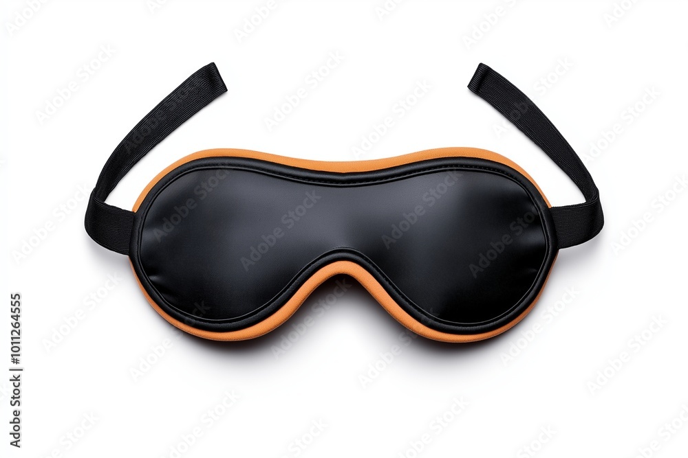 This image features a black sleep mask with orange trim, complete with black elastic straps on a plain white background, ideal for promoting relaxation and travel gear. This image features a black sleep mask with orange trim, complete with black elastic straps on a plain white background, ideal for promoting relaxation and travel gear.
