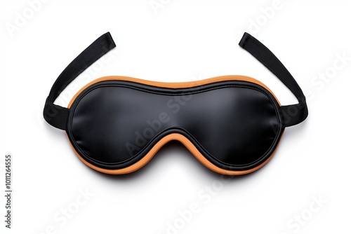 This image features a black sleep mask with orange trim, complete with black elastic straps on a plain white background, ideal for promoting relaxation and travel gear.