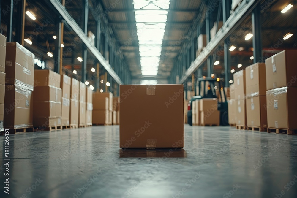 Naklejka premium A Single Cardboard Box in a Large Warehouse with Rows of Other Boxes