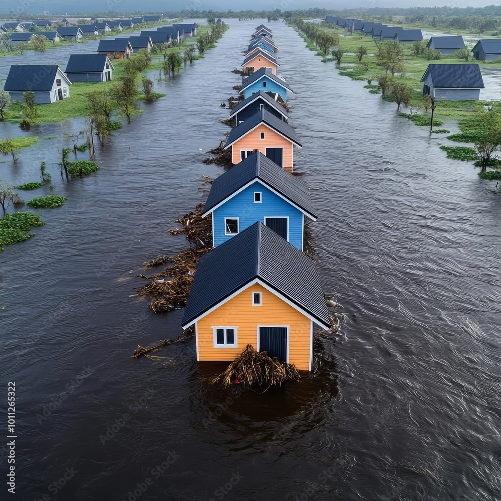 Naklejka premium Homes collapsing into a flooded river, symbolizing the relentless power of nature on human settlements