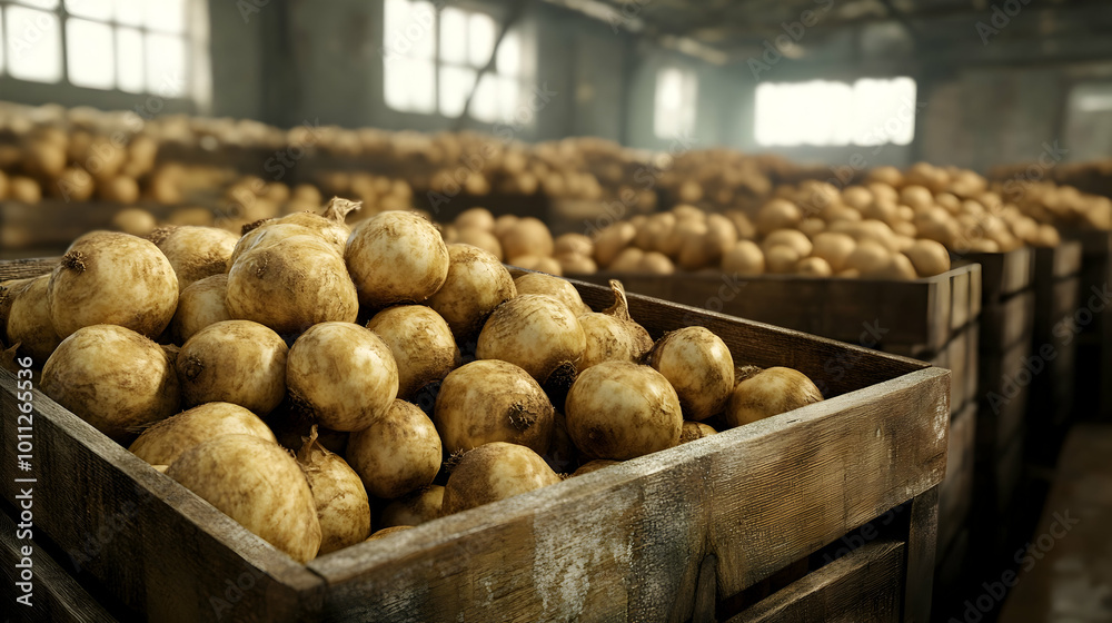 Turnip root harvested in wooden boxes in a warehouse. Natural organic fruit abundance. Healthy and natural food storing and shipping concept. Turnip root harvested in wooden boxes in a warehouse. Natural organic fruit abundance. Healthy and natural food storing and shipping concept.
