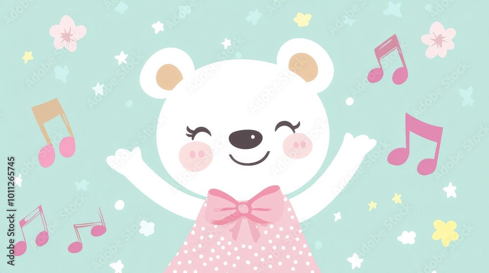 A dancing cartoon bear with music notes, placed on a pastel mint background, evoking joy and lighthearted fun for young audiences. A dancing cartoon bear with music notes, placed on a pastel mint background, evoking joy and lighthearted fun for young audiences.