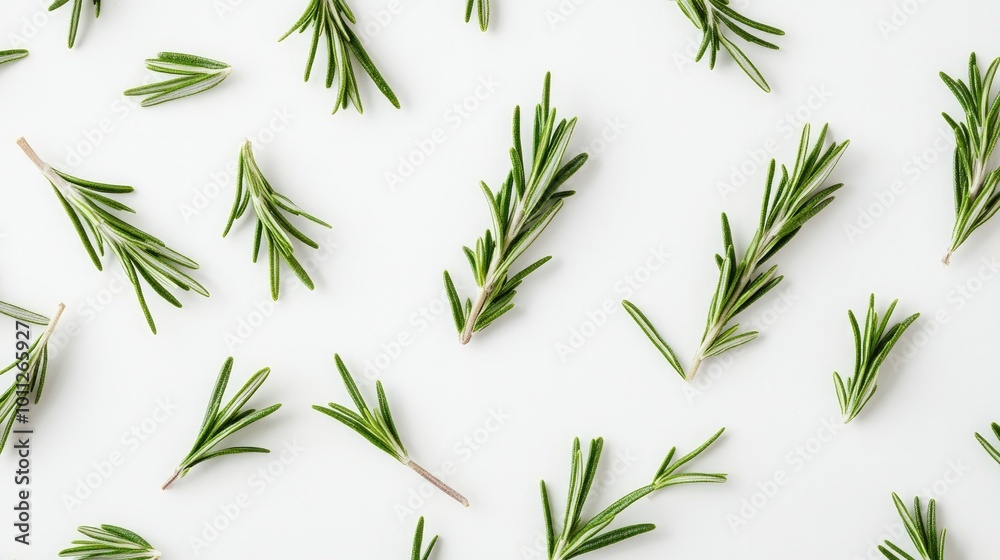 Naklejka premium A detailed shot of rosemary leaves scattered on a white background, creating a fresh and natural culinary presentation.