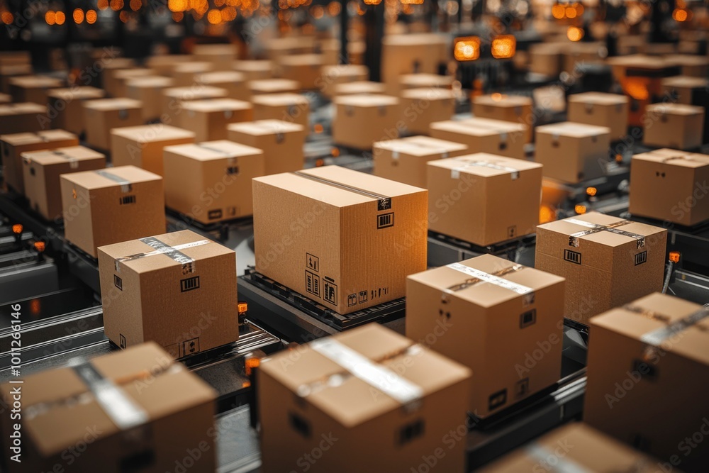 Cardboard boxes moving along a conveyor belt in a warehouse Cardboard boxes moving along a conveyor belt in a warehouse