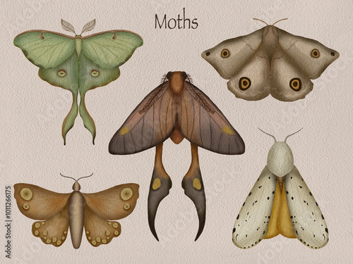 Collection of Moths Poster, Detailed Botanical Insect Illustration photo