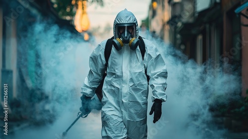 A pest control service worker in a white protective suit and mask sprays poisonous gas, with fog-like fumes spreading around, ensuring safety and thorough pest elimination
