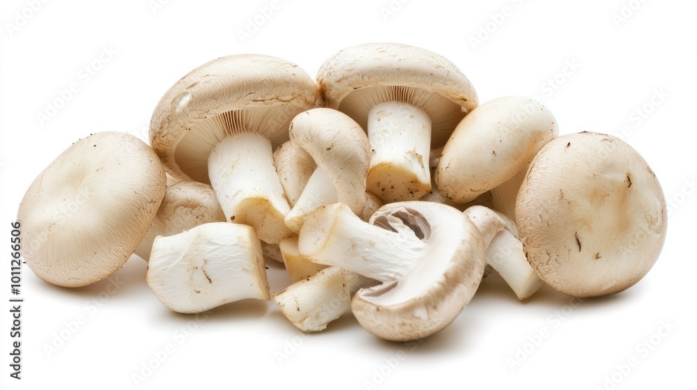 A group of fresh button mushrooms, neatly arranged on a clean white background, highlighting their smooth texture and natural shape. A group of fresh button mushrooms, neatly arranged on a clean white background, highlighting their smooth texture and natural shape.