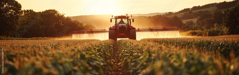 Modern Farming Tractor Spraying Pesticides on Spring Cornfield Modern Farming Tractor Spraying Pesticides on Spring Cornfield
