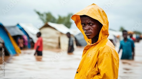 Rain-soaked refugees building makeshift shelters as floodwaters rise, representing the harsh realities of climate migration photo