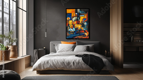 Plakat, umieszczony na ścianie w pokoju, jest głównym elementem dekoracyjnym, który wprowadza do wnętrza nowoczesny, młodzieżowy klimat.