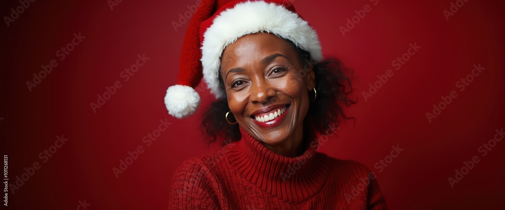 Fototapeta premium A heartwarming portrait of a middle-aged African-American woman in a Christmas hat smiling warmly into the camera against a dark red backdrop banner.