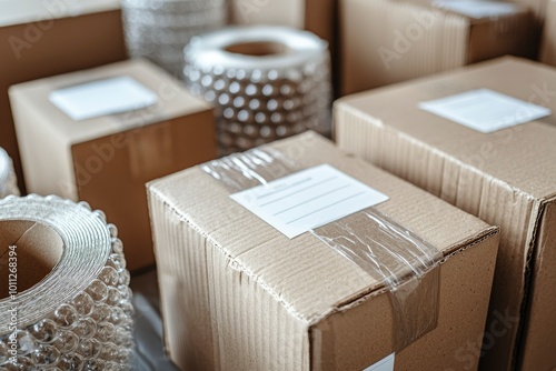 Close-up of a Stack of Cardboard Boxes with Bubble Wrap photo