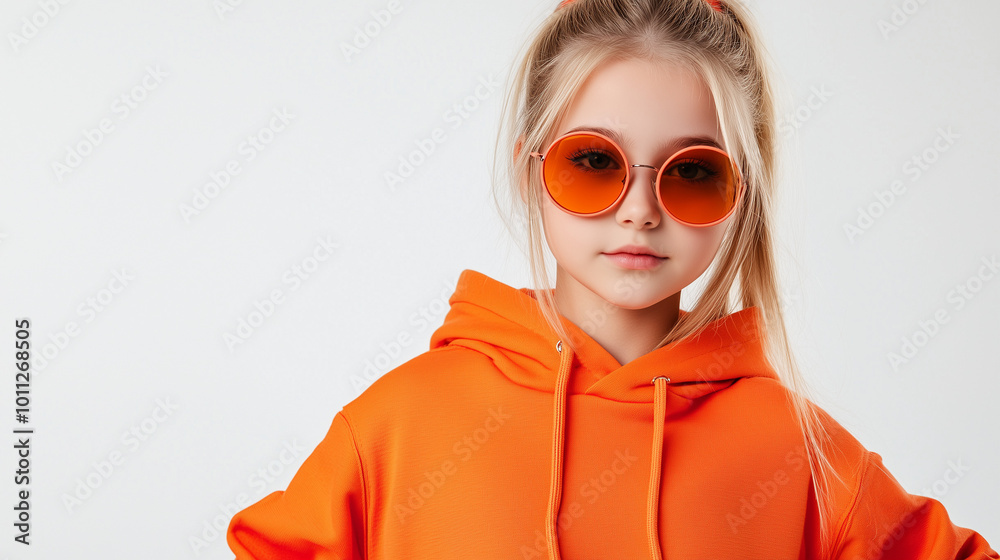 Młoda dziewczyna z blond włosami, ubrana w stylową pomarańczową bluzę z kapturem, pozuje na białym tle, nosząc kolorowe okulary przeciwsłoneczne. Młoda dziewczyna z blond włosami, ubrana w stylową pomarańczową bluzę z kapturem, pozuje na białym tle, nosząc kolorowe okulary przeciwsłoneczne.