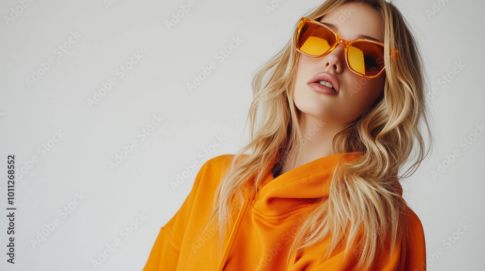 Obraz premium Młoda dziewczyna z blond włosami, ubrana w stylową pomarańczową bluzę z kapturem, pozuje na białym tle, nosząc kolorowe okulary przeciwsłoneczne.