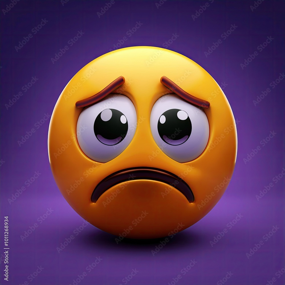 Fototapeta premium Sad Emoji Face with Big Eyes on Purple Background
