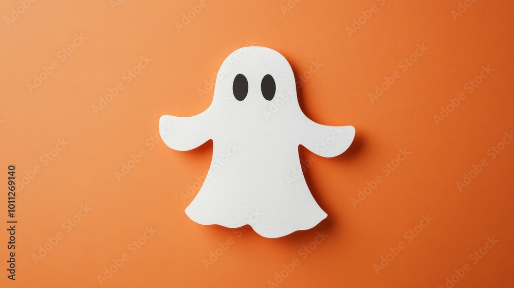 A single, white paper cut-out in the shape of a ghost, with no facial features, floating against an orange background A single, white paper cut-out in the shape of a ghost, with no facial features, floating against an orange background