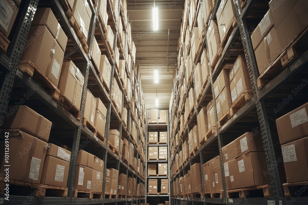 Rows of Cardboard Boxes Stacked on Metal Shelving in a Warehouse Rows of Cardboard Boxes Stacked on Metal Shelving in a Warehouse