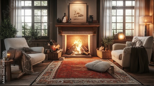 Charming cozy living room, fireplace, oversized armchairs, layered rugs, warm lighting, natural materials, rustic and comfortable ambiance
