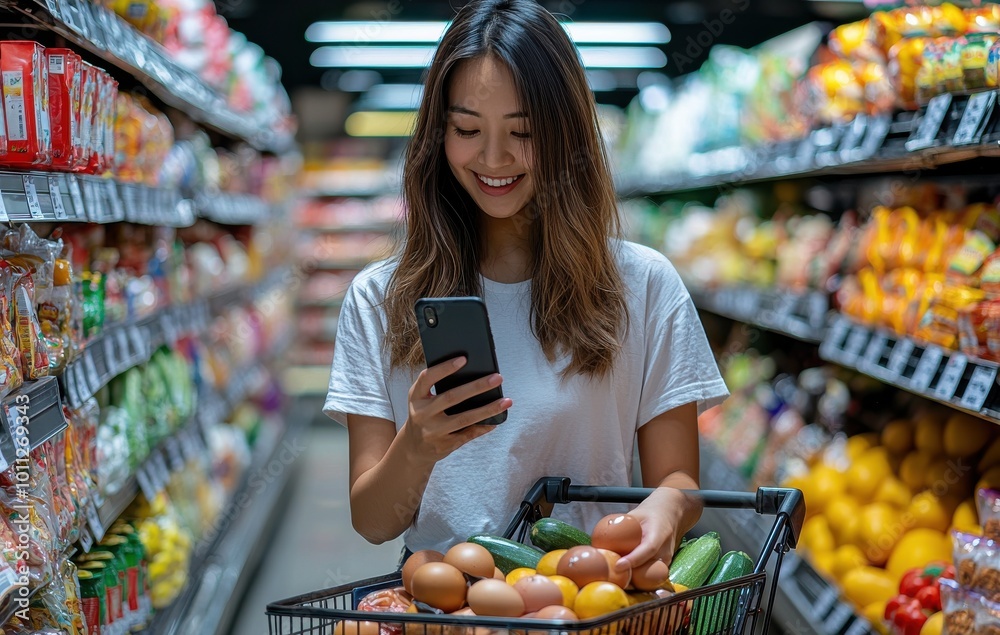 A woman smiling while using her phone in a supermarket aisle filled with colorful groceries and fresh produce A woman smiling while using her phone in a supermarket aisle filled with colorful groceries and fresh produce