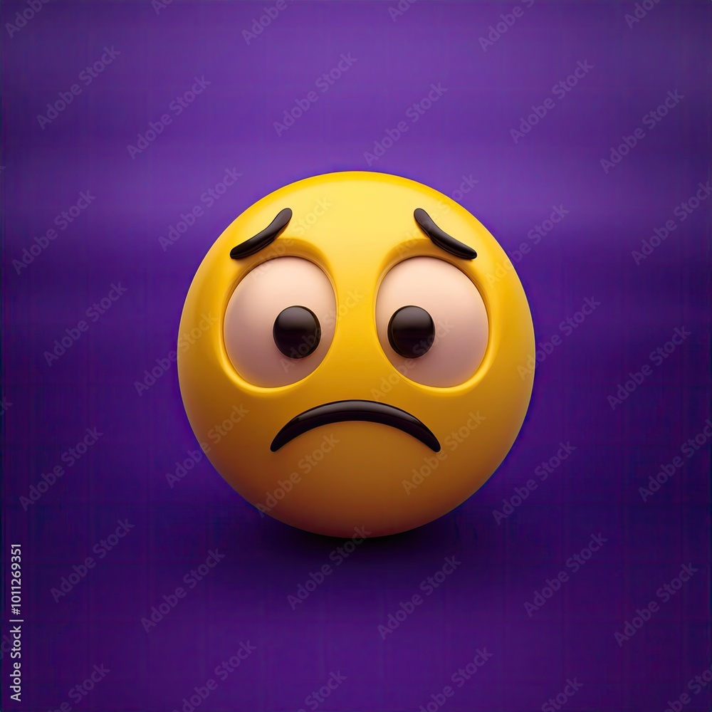 Sad Emoji Face with Big Eyes on Purple Background