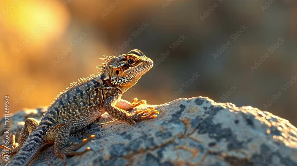 Bearded dragon is standing on a rock, enjoying the warmth of the setting sun. The golden light enhances its colors and textures, creating a captivating scene of wildlife Bearded dragon is standing on a rock, enjoying the warmth of the setting sun. The golden light enhances its colors and textures, creating a captivating scene of wildlife