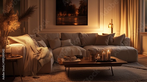 Obraz na płótnie Cozy living room, soft lighting, plush sofa, warm neutral tones, wooden coffee table, large rug, throw blankets, inviting and relaxing atmosphere w salonie