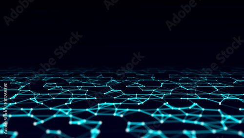 Blue network connection structure infinity background. Abstract dark backdrop with points and lines. Digital futuristic texture. Big data visualization. 3D rendering.
