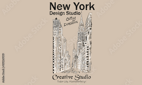 New York design studio t shirt print design, Tudor manhattan rod hand sketch print design. college text print, Creative studio city vibes vector graphic artwork. New york city hand drawing.