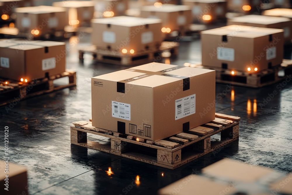 Cardboard Box on a Pallet in a Warehouse Cardboard Box on a Pallet in a Warehouse