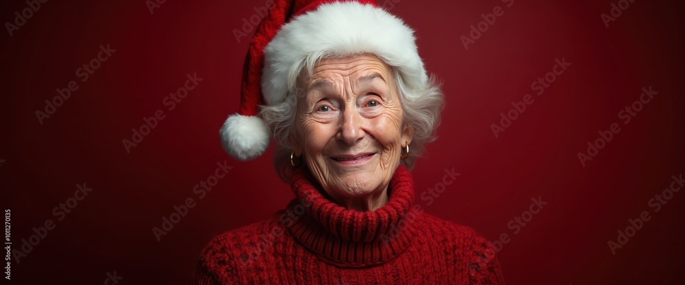 A heartwarming elderly woman in a red and white Christmas hat smiling gently into the camera, her expression filled with joy against a dark red background banner. A heartwarming elderly woman in a red and white Christmas hat smiling gently into the camera, her expression filled with joy against a dark red background banner.