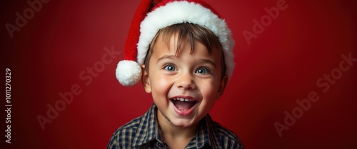 A lively portrait of a young boy wearing a Christmas hat looking into the camera, his bright eyes full of excitement against a dark red backdrop banner.