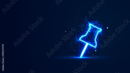 Futuristic glowing push pin with plexus lines and glitter particles. A location pointer in the neon light style. 3D abstract low poly in the dark background. Digital technology illustration