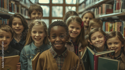 Group of happy multiracial children holding books and smiling at camera in school library