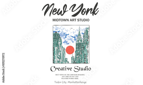 New York design studio t shirt print design, Tudor manhattan rod hand sketch print design. college text print, New york city hand drawing.