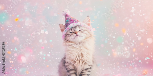 A cute fluffy red white  calico grey kitten in a christmas hat sitting on the ground against an Christmas tree with silver decor