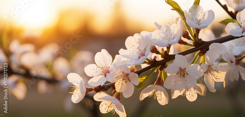 Magnificent spring blossoms in warm dusk sunset, bloom on a branch at twilight with space for text photo