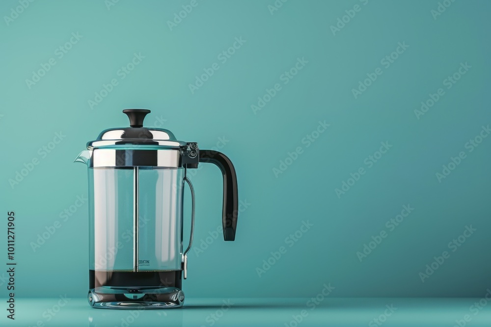 Stylish French press coffee maker on a vibrant teal background in a modern kitchen setting Stylish French press coffee maker on a vibrant teal background in a modern kitchen setting