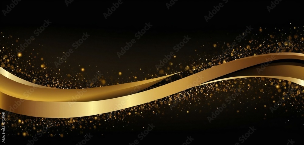 Fototapeta premium Black luxury background with golden line elements and light ray effect decoration and bokeh