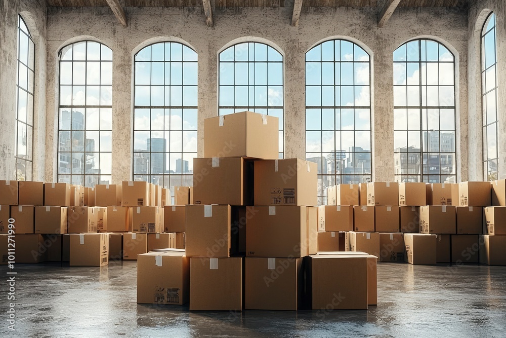Stacked Cardboard Boxes in a Warehouse with Large Windows Stacked Cardboard Boxes in a Warehouse with Large Windows