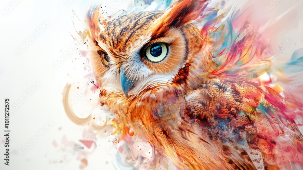 Surreal double exposure portrait of an owl, blending realistic feathers with abstract swirls of vibrant colors, creating a mesmerizing fusion of nature and artistic imagination