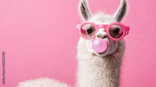Fototapeta Naklejka Na Ścianę i Meble -  Trendy llama with pink sunglasses and bubble gum on pink background funny animal portrait
