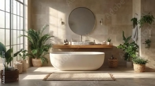 Stylish vacation rental bathroom featuring a freestanding bathtub and wooden vanity in soft natural light