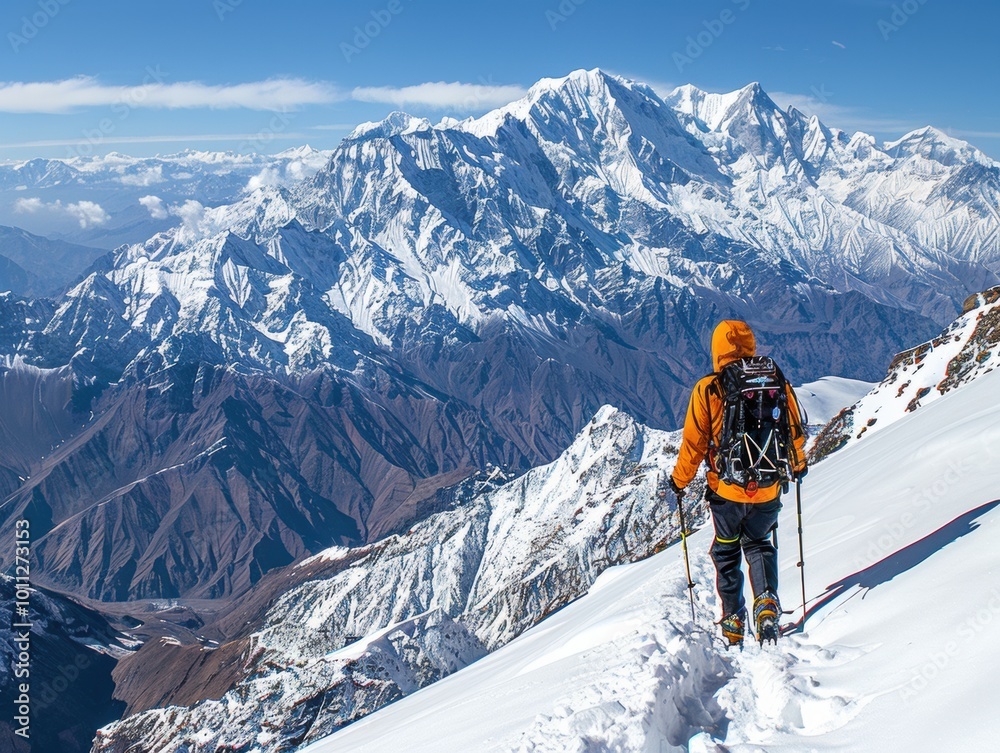 Lone Hiker Navigating Snowy Mountain Terrain Lone Hiker Navigating Snowy Mountain Terrain