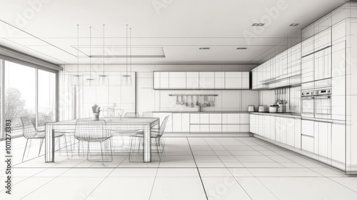 A modern spacious kitchen dissolving into a 3D grid and sketch for innovative design concepts