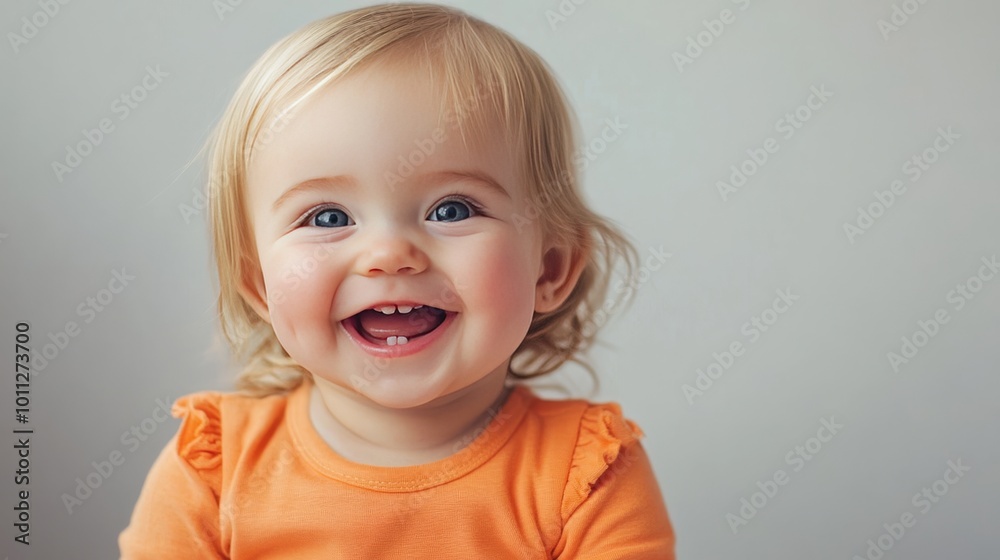 Naklejka premium Laughing blonde toddler in orange suit on white background