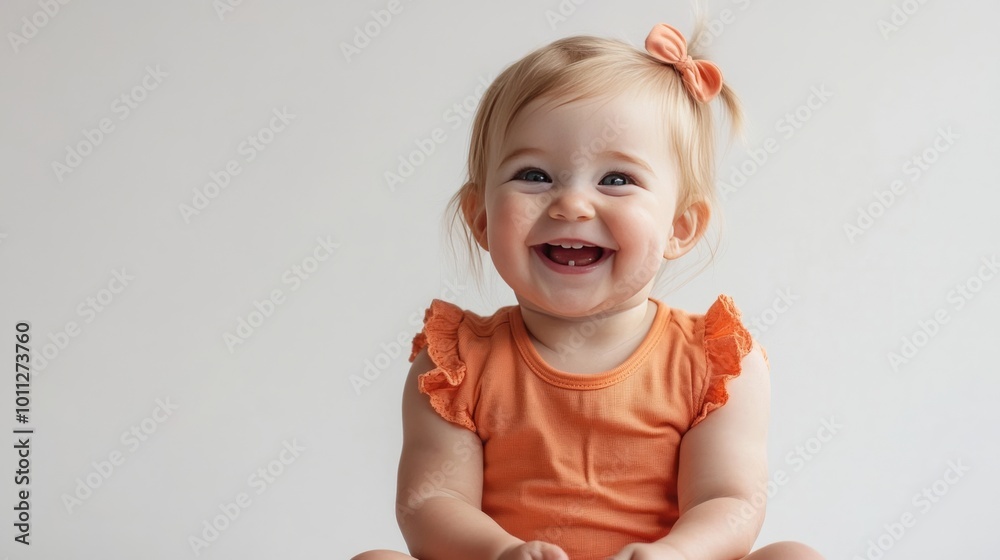 Blonde toddler laughs in orange suit on white Blonde toddler laughs in orange suit on white