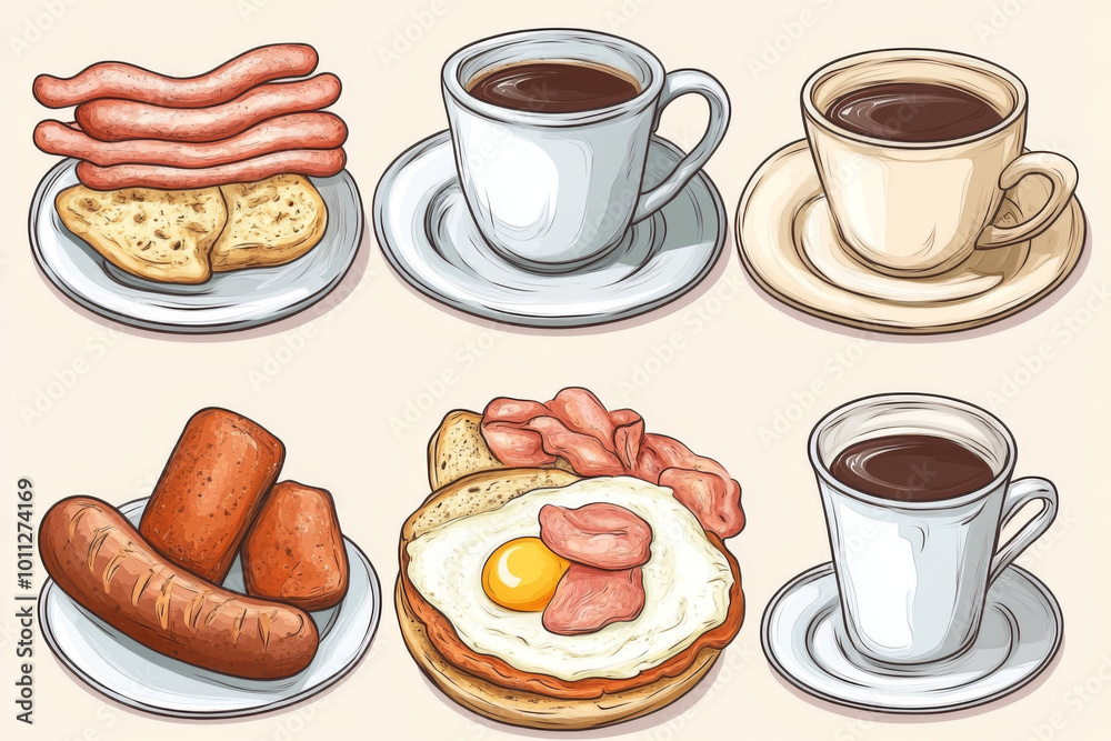 Breakfast set bread fried eggs sausage ham bacon tea or coffee Breakfast set bread fried eggs sausage ham bacon tea or coffee