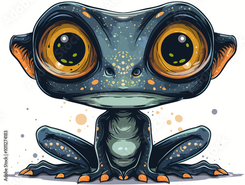 A alien with big eyes sits on a white background. The alien has a spiky appearance and is surrounded by a lot of dots