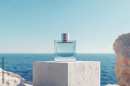 A beautiful transparent women perfume bottle stands on a white stone podium against the background sea, perfume mockup on the beach, concept of a fresh sea scent, perfumes with different scents